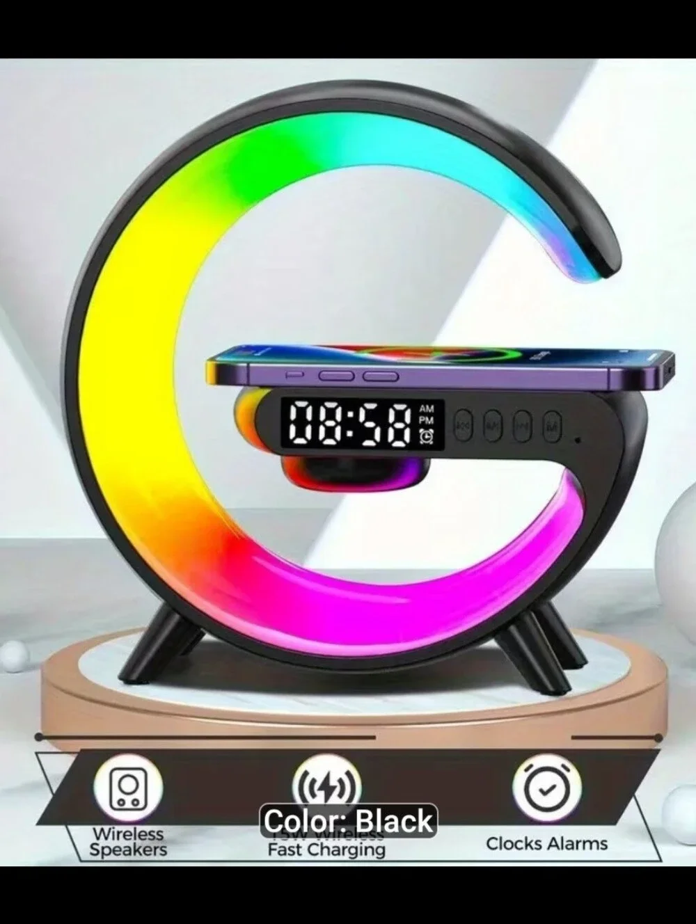 Black RGB Wireless Charging Alarm Clock with Bluetooth Speaker